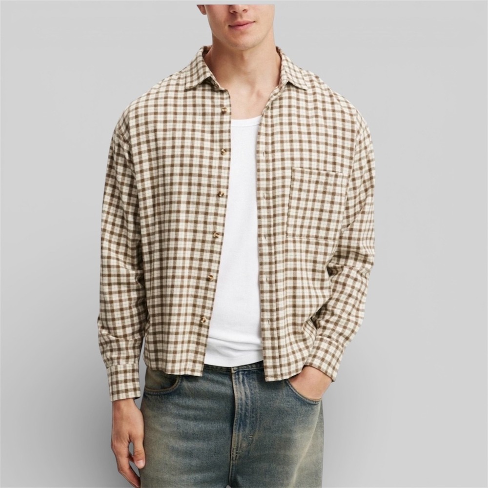 Cotton on Men's Tribeca Oversized Long Sleeve Shirt Stone Mini Check  size‎  2XL - Picture 4 of 17